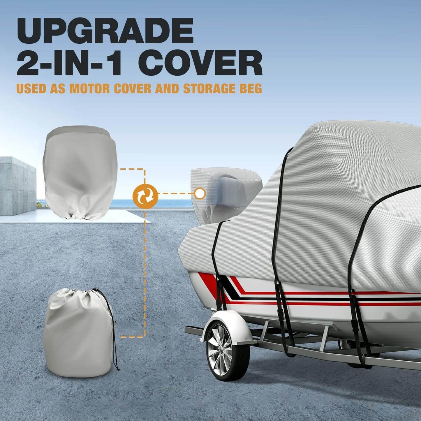 Center Console Boat Cover 900D Waterproof Heavy Duty Trailerable Boat Cover for CC Boat with Motor Cover and 11 Tie Down Strap