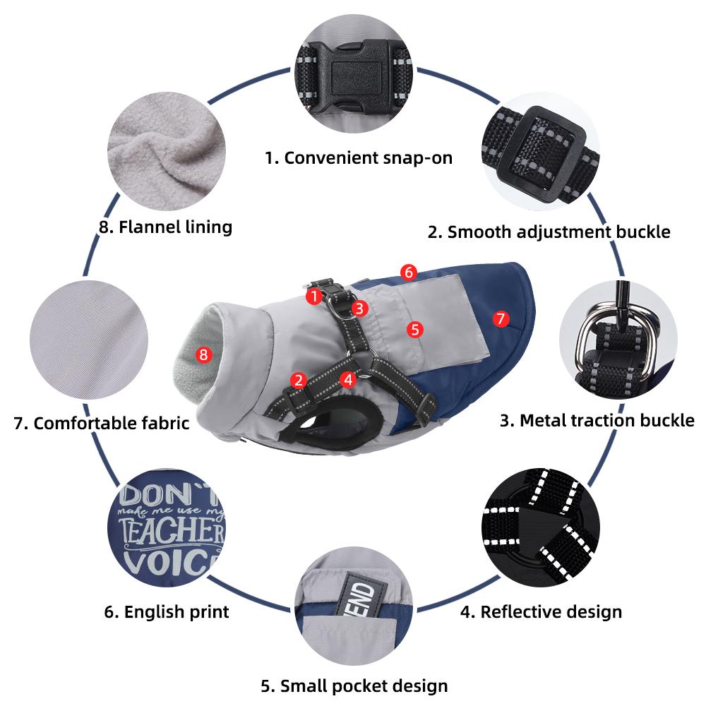 Autumn Winter Dog Jacket, Reflective Harness Padded Vest, Thick Warm Pet Coat for Small Dogs, Easy On/Off