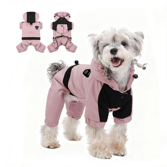 Winter Warm Dog Jumpsuit, Waterproof Graphene Hooded Dog Coat, Thick Padded Pet Snowsuit for Small Dogs, Color Block Design