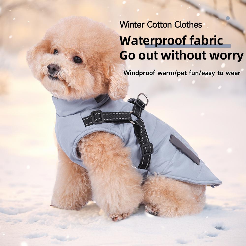 Winter Dog Coat with Leash Attachment, Waterproof Windproof Padded Pet Jacket, Thick Warm Dog Snowsuit with Pockets, Outdoor Puppy Winter Clothes