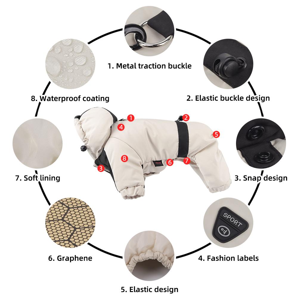 Winter Warm Dog Jumpsuit, Waterproof Graphene Hooded Dog Coat, Thick Padded Pet Snowsuit for Small Dogs, Color Block Design