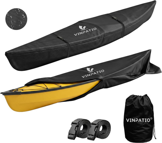 Kayak Cover 600D Waterproof Heavy Duty, Full Coverage Canoe Cover with UV Protection & Dust Resistant – for Indoor/Outdoor Storage, Fishing Boats, Paddle Board, Includes Storage Bag