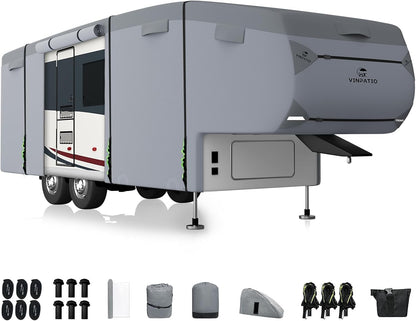 5th Wheel RV Cover Travel Trailer, Camper Cover Extra-Thick 9 Layers Top, Waterproof, Heavy Duty, Anti-UV, Windproof, Rip-Stop, Fit for Fifth Wheel