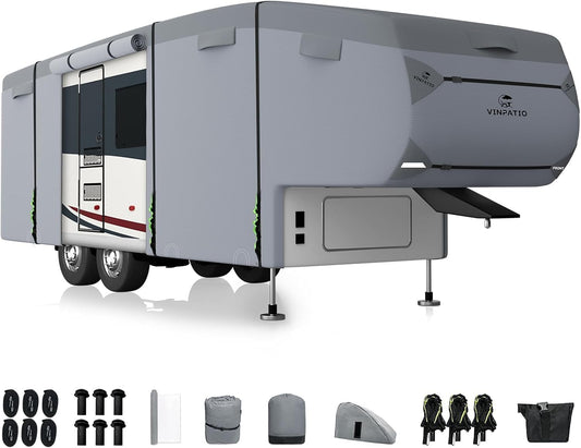 5th Wheel RV Cover Travel Trailer, Camper Cover Extra-Thick 9 Layers Top, Waterproof, Heavy Duty, Anti-UV, Windproof, Rip-Stop, Fit for Fifth Wheel