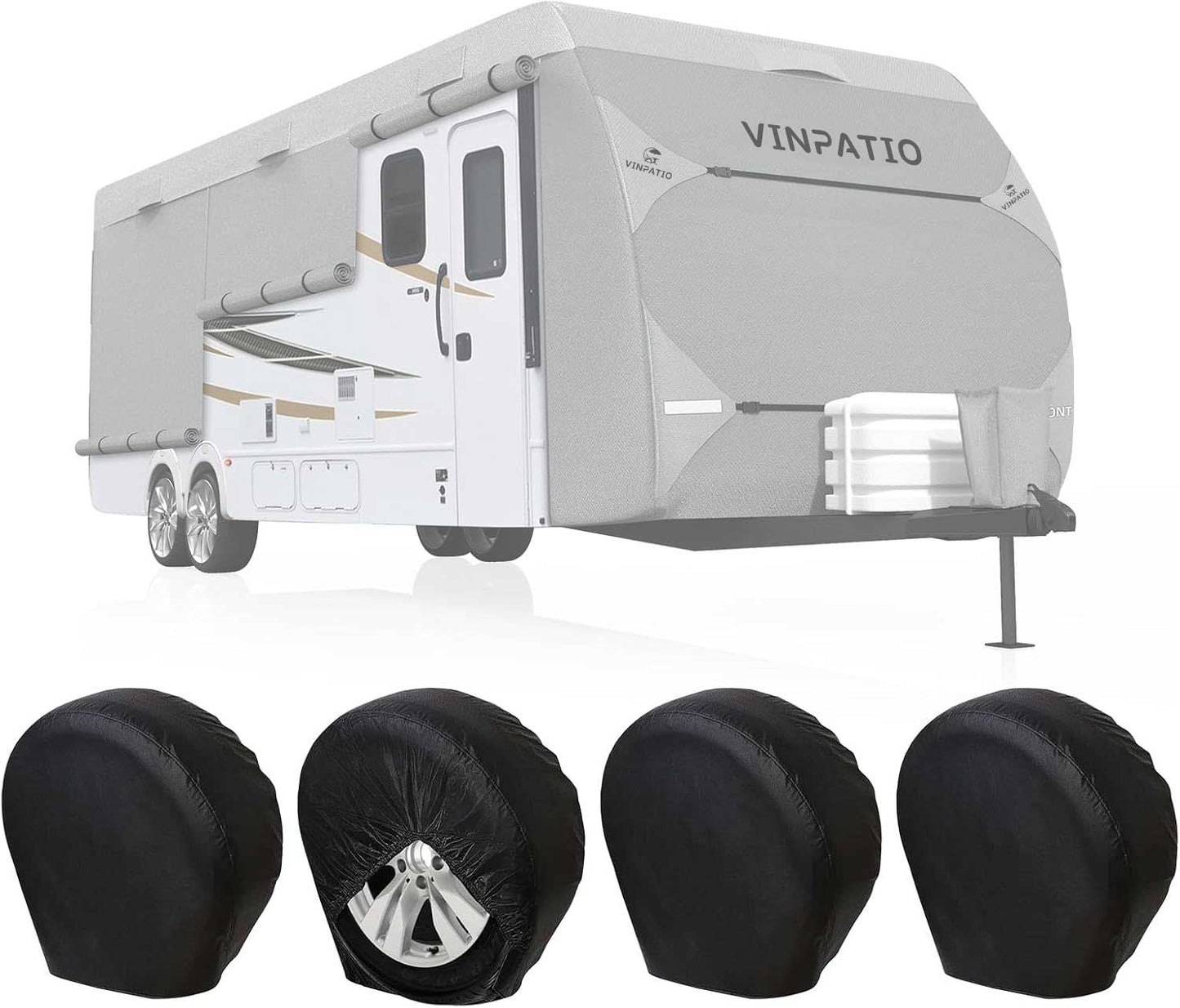 Vinpatio 4 Pack Rough Vinyl Tire Covers, Waterproof Wheel Protectors with Soft Lining for RV Travel Trailer Camper Motorhome SUV and Truck