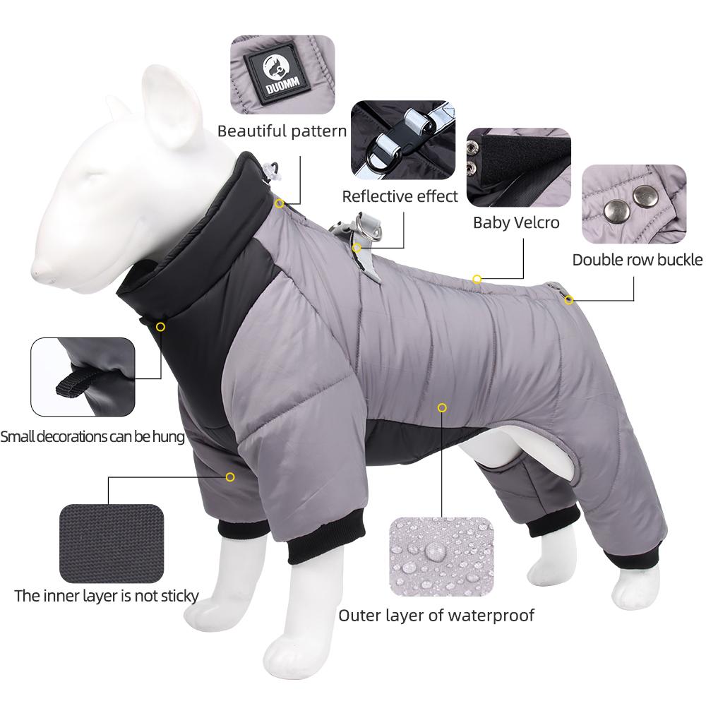 Winter Dog Jacket Waterproof Reflective Pet Snowsuit Warm Thick Four Leg Dog Coat Costume Outfits