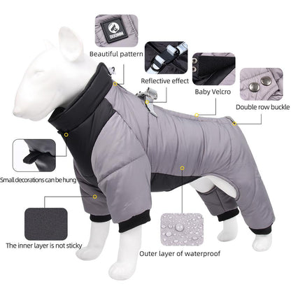 Winter Dog Jacket Waterproof Reflective Pet Snowsuit Warm Thick Four Leg Dog Coat Costume Outfits