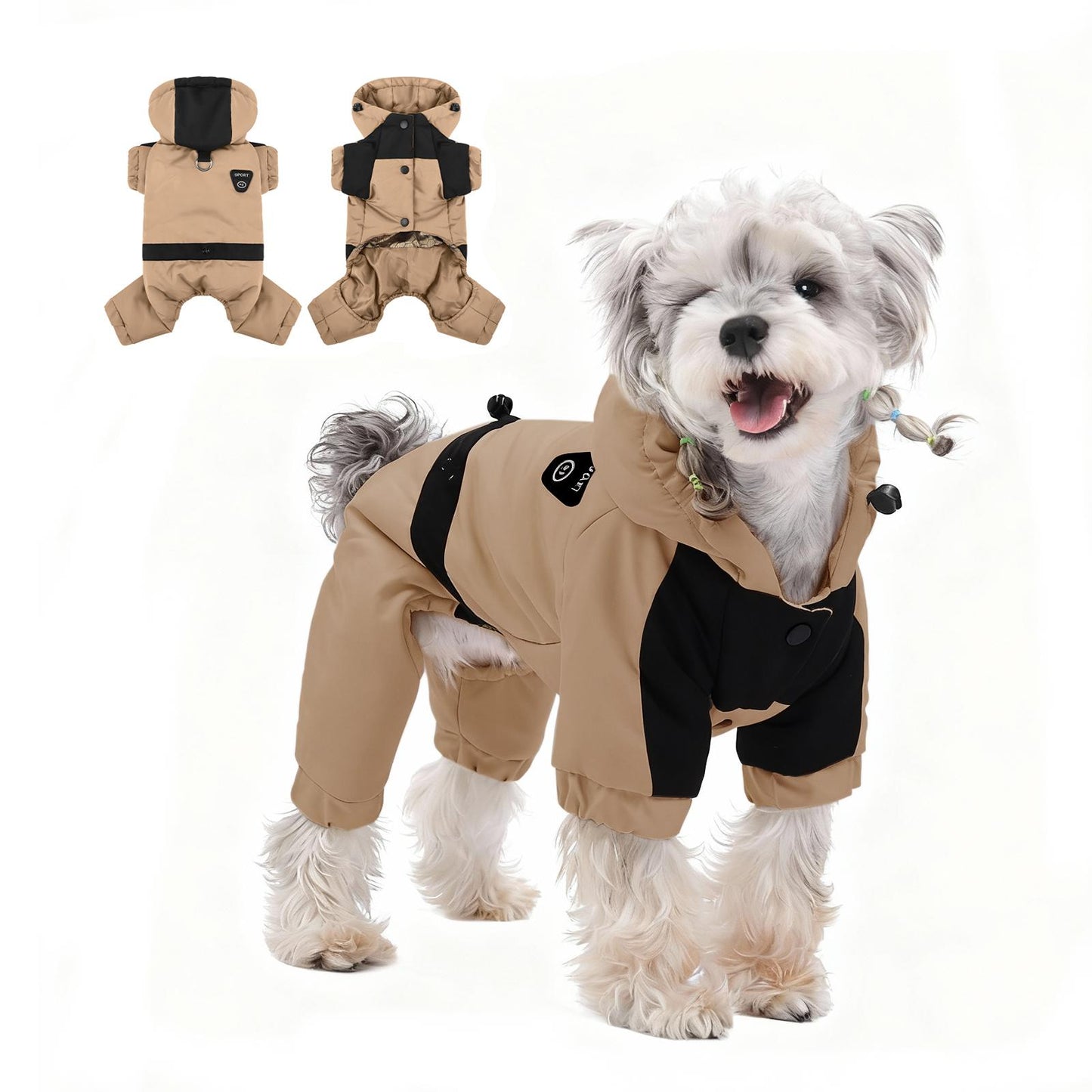 Winter Warm Dog Jumpsuit, Waterproof Graphene Hooded Dog Coat, Thick Padded Pet Snowsuit for Small Dogs, Color Block Design