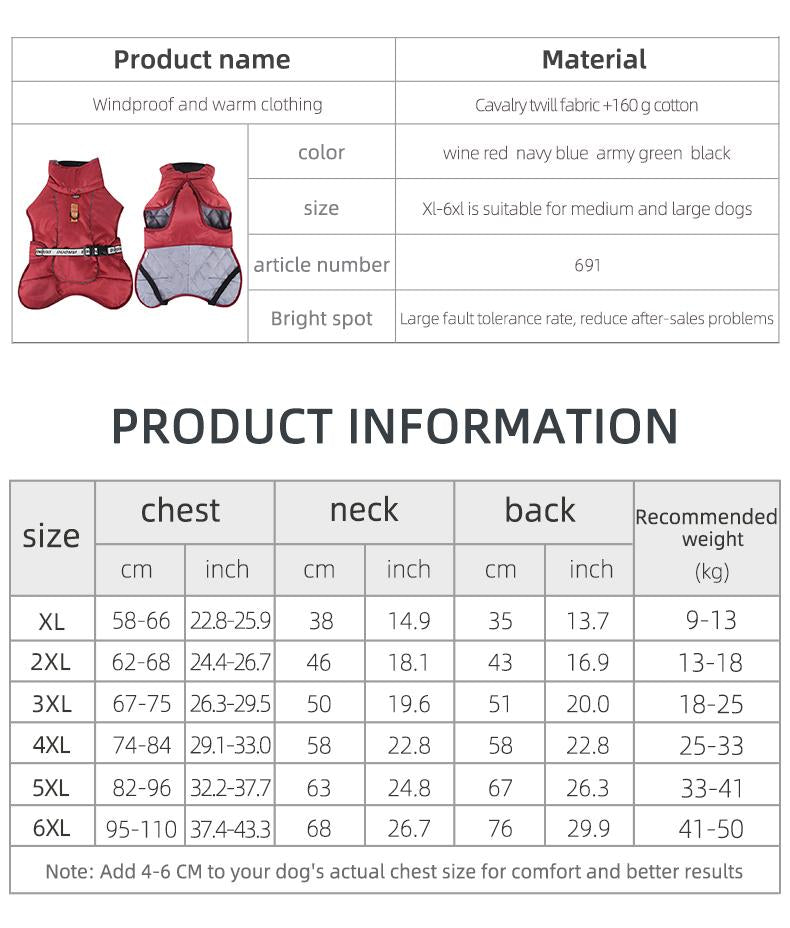 Winter Reflective Dog Coat for Large Dogs — Warm, Waterproof & Windproof Pet Jacket