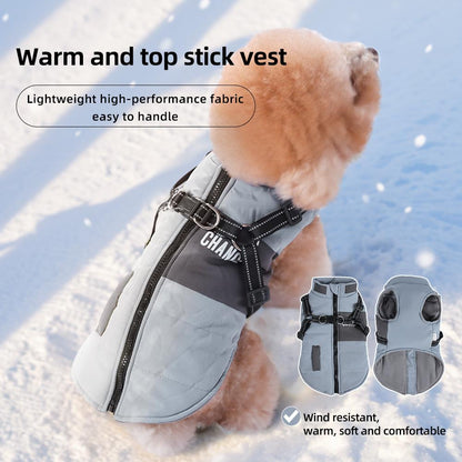 Winter Dog Coat with Leash Attachment, Waterproof Windproof Padded Pet Jacket, Thick Warm Dog Snowsuit with Pockets, Outdoor Puppy Winter Clothes