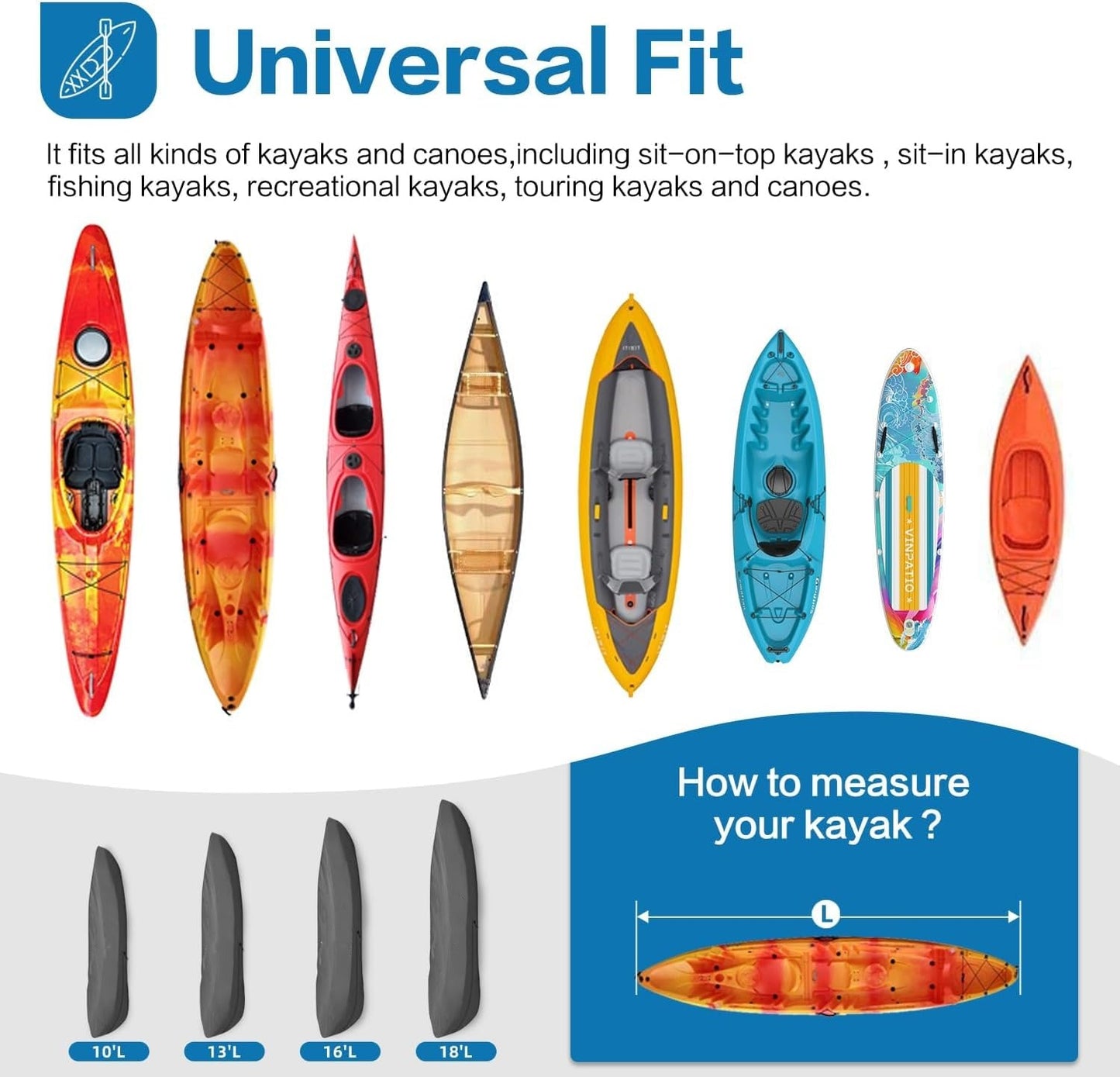 VINPATIO Kayak Cover Canoe Cover for Indoor and Outdoor Storage, Fits for 10ft - 18ft Kayak or Canoe, 100% Waterproof, 600D Solution-dyed Polyester Fabric