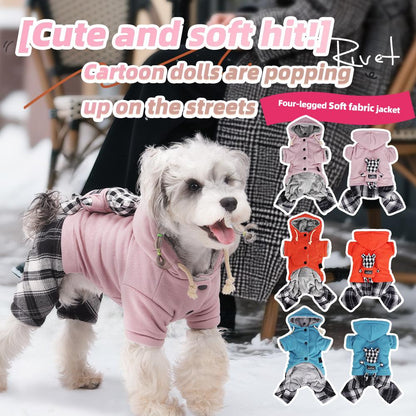 New Fall Winter Plaid Fleece Dog Jumpsuit, Warm Plush Pet Hoodie for Small Dogs