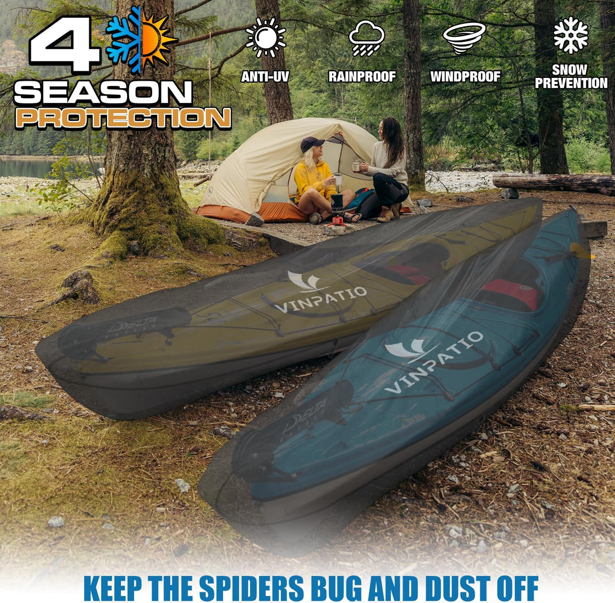Kayak Cover 600D Waterproof Heavy Duty, Full Coverage Canoe Cover with UV Protection & Dust Resistant – for Indoor/Outdoor Storage, Fishing Boats, Paddle Board, Includes Storage Bag