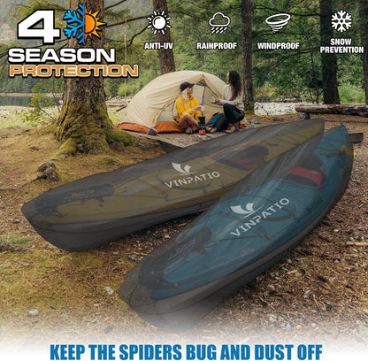 Kayak Cover 600D Waterproof Heavy Duty, Full Coverage Canoe Cover with UV Protection & Dust Resistant – for Indoor/Outdoor Storage, Fishing Boats, Paddle Board, Includes Storage Bag