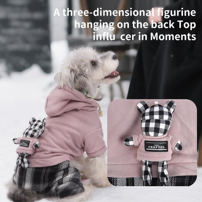 New Fall Winter Plaid Fleece Dog Jumpsuit, Warm Plush Pet Hoodie for Small Dogs