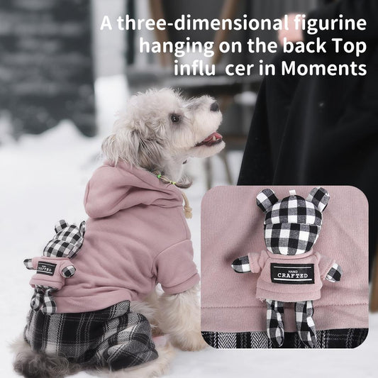 New Fall Winter Plaid Fleece Dog Jumpsuit, Warm Plush Pet Hoodie for Small Dogs