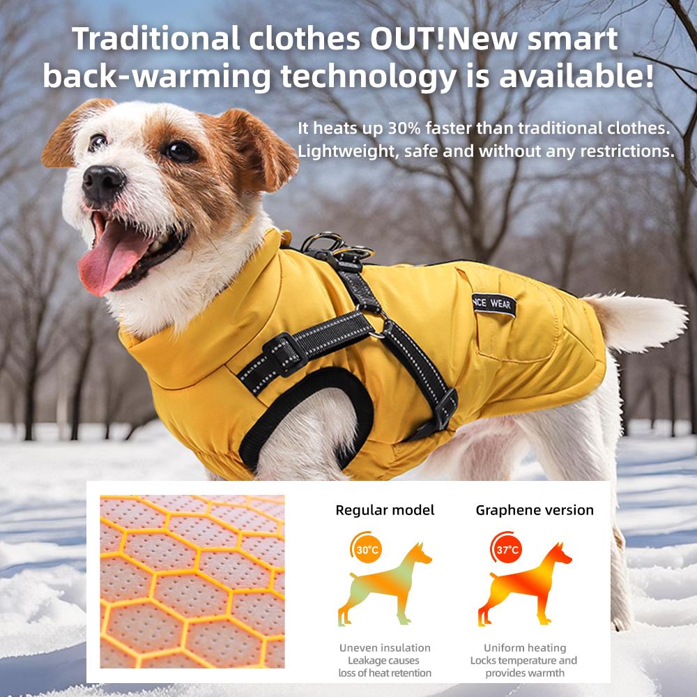 Graphene Heated Dog Jacket Reflective Winter Pet Coat with Leash Hole Waterproof Breathable Warm Dog Vest for Small Dogs Adjustable Safety Harness Universal Harness
