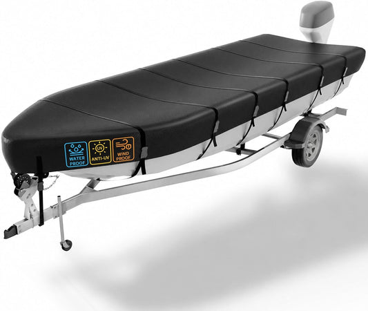 Jon Boat Cover, 1200D 5-Layer Waterproof Oxford Fabric Black Heavy Duty John Boat Cover, Trailerable Mooring Cover, UV/Tear Resistant, Windproof Straps