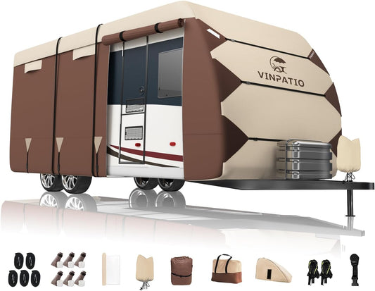 VINPATIO RV Cover, Oxford Fabric Travel Trailer Cover, Waterproof Camper Cover for Toy Hauler with Tongue Jack Cover, Gutter Covers