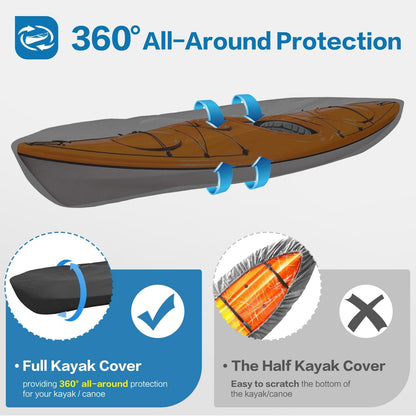 Kayak Cover 600D Waterproof Heavy Duty, Full Coverage Canoe Cover with UV Protection & Dust Resistant – for Indoor/Outdoor Storage, Fishing Boats, Paddle Board, Includes Storage Bag