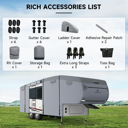5th Wheel RV Cover Travel Trailer, Camper Cover Extra-Thick 9 Layers Top, Waterproof, Heavy Duty, Anti-UV, Windproof, Rip-Stop, Fit for Fifth Wheel