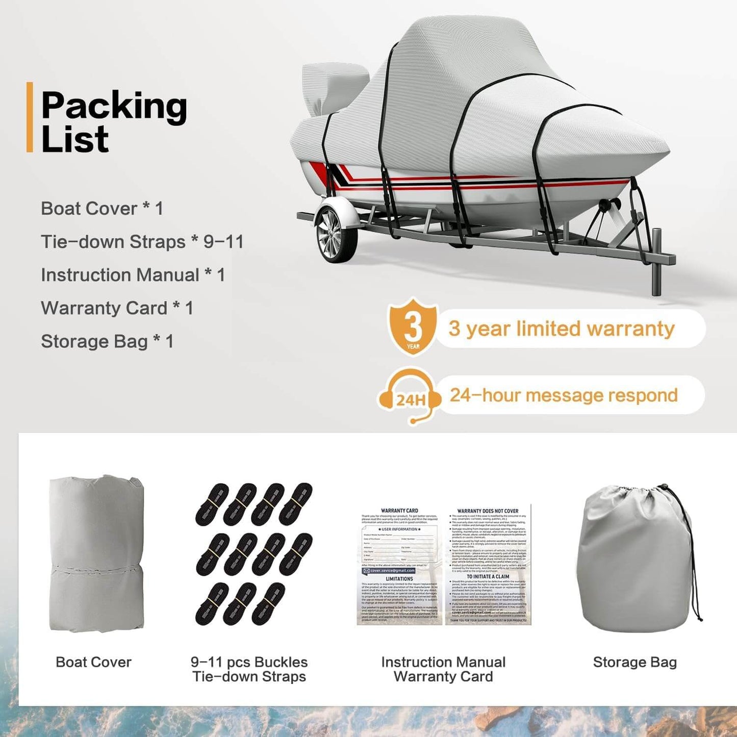 Center Console Boat Cover 900D Waterproof Heavy Duty Trailerable Boat Cover for CC Boat with Motor Cover and 11 Tie Down Strap