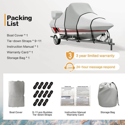 Center Console Boat Cover 900D Waterproof Heavy Duty Trailerable Boat Cover for CC Boat with Motor Cover and 11 Tie Down Strap