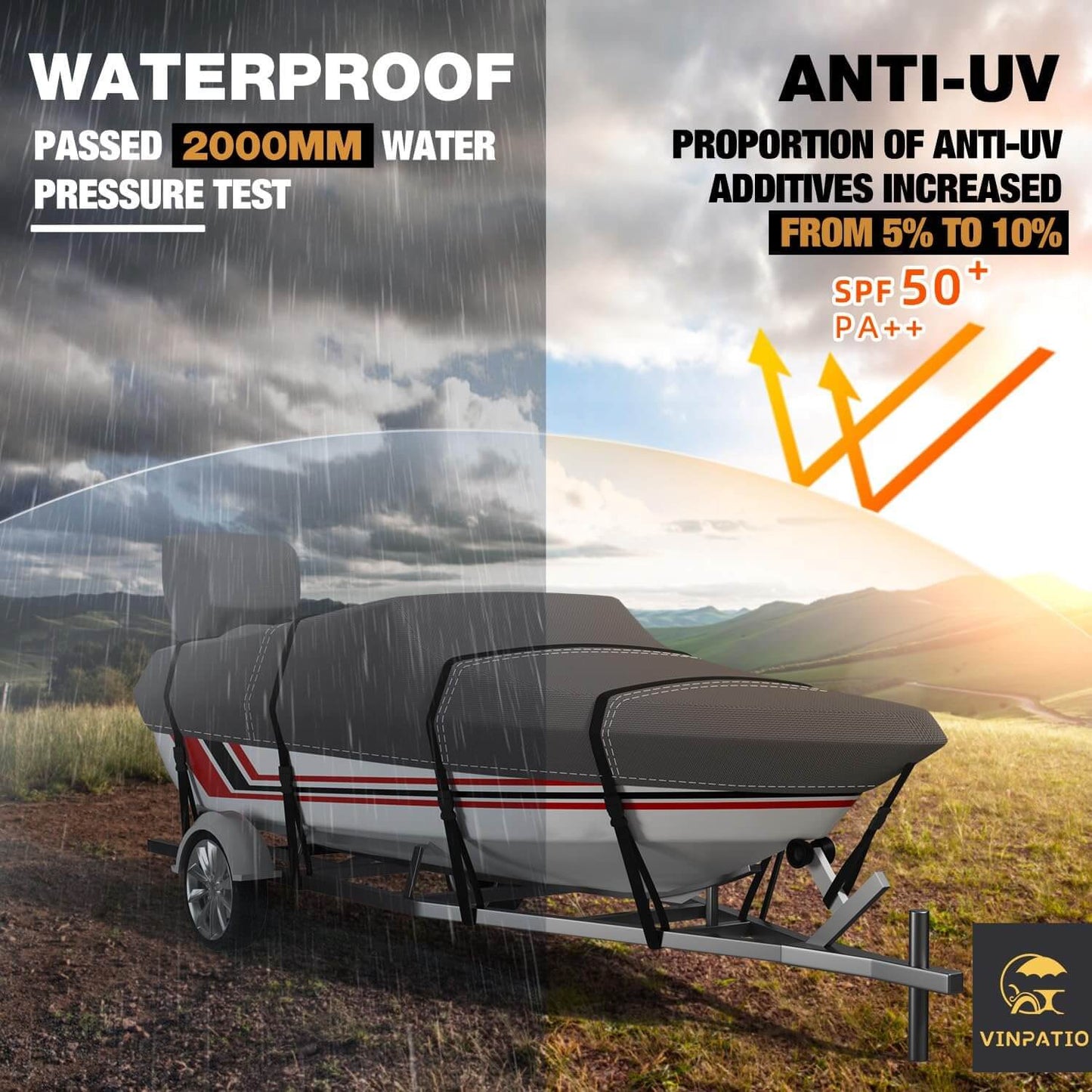 V-HULL Boat Cover Fits For Bass Boat Waterproof 600D Fabric