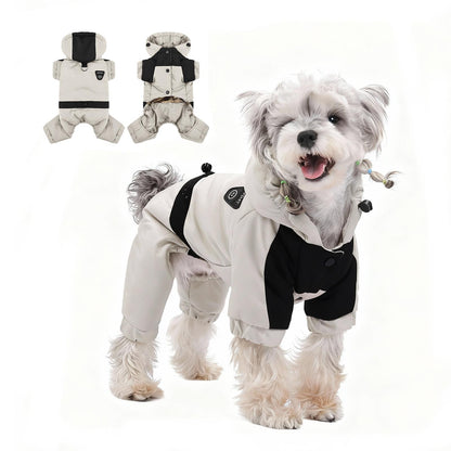 Winter Warm Dog Jumpsuit, Waterproof Graphene Hooded Dog Coat, Thick Padded Pet Snowsuit for Small Dogs, Color Block Design