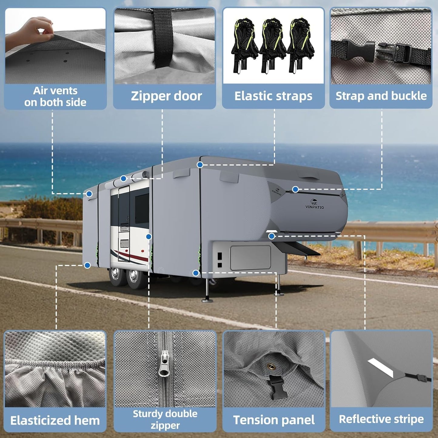5th Wheel RV Cover Travel Trailer, Camper Cover Extra-Thick 9 Layers Top, Waterproof, Heavy Duty, Anti-UV, Windproof, Rip-Stop, Fit for Fifth Wheel