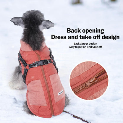 Leash-Friendly Warm Dog Jacket for Small Dogs, Thick PP Cotton Padded Puffer Coat, Back-Opening Easy On/Off Dog Winter Outfit
