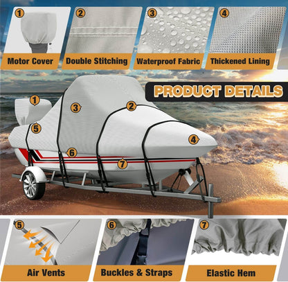 Center Console Boat Cover 900D Waterproof Heavy Duty Trailerable Boat Cover for CC Boat with Motor Cover and 11 Tie Down Strap