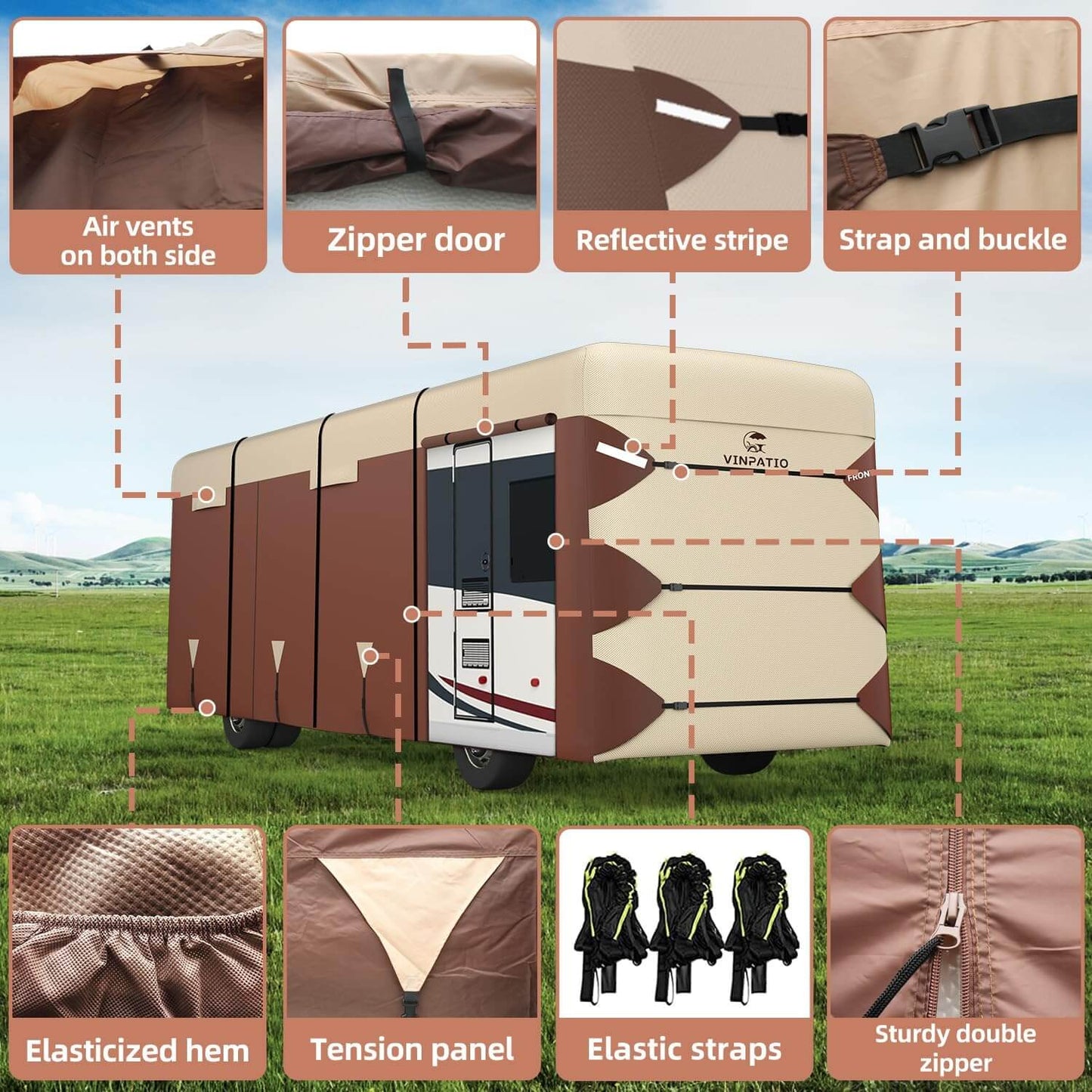 Brown Class A RV Cover 300D Dupont Fabric Heavy Motorhome Cover