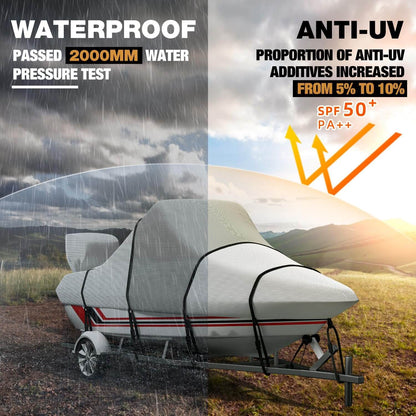 Center Console Boat Cover 900D Waterproof Heavy Duty Trailerable Boat Cover for CC Boat with Motor Cover and 11 Tie Down Strap