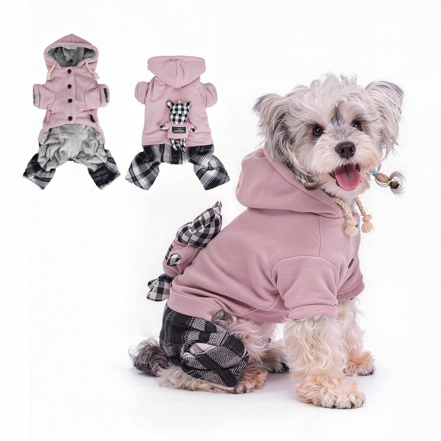 New Fall Winter Plaid Fleece Dog Jumpsuit, Warm Plush Pet Hoodie for Small Dogs