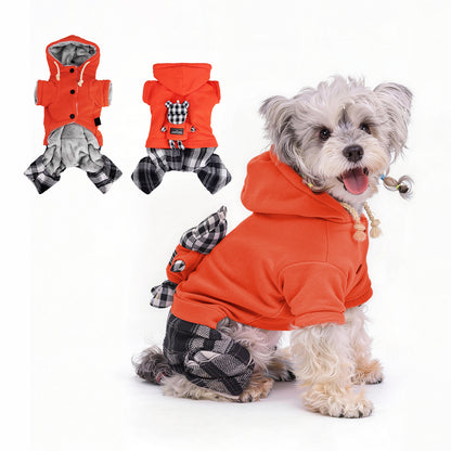 New Fall Winter Plaid Fleece Dog Jumpsuit, Warm Plush Pet Hoodie for Small Dogs