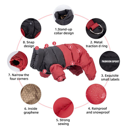 Waterproof Warm Dog Jumpsuit, Graphene Heated Winter Pet Coat, Windproof Four-Leg Dog Outfit with Leash Ring for Small Dogs