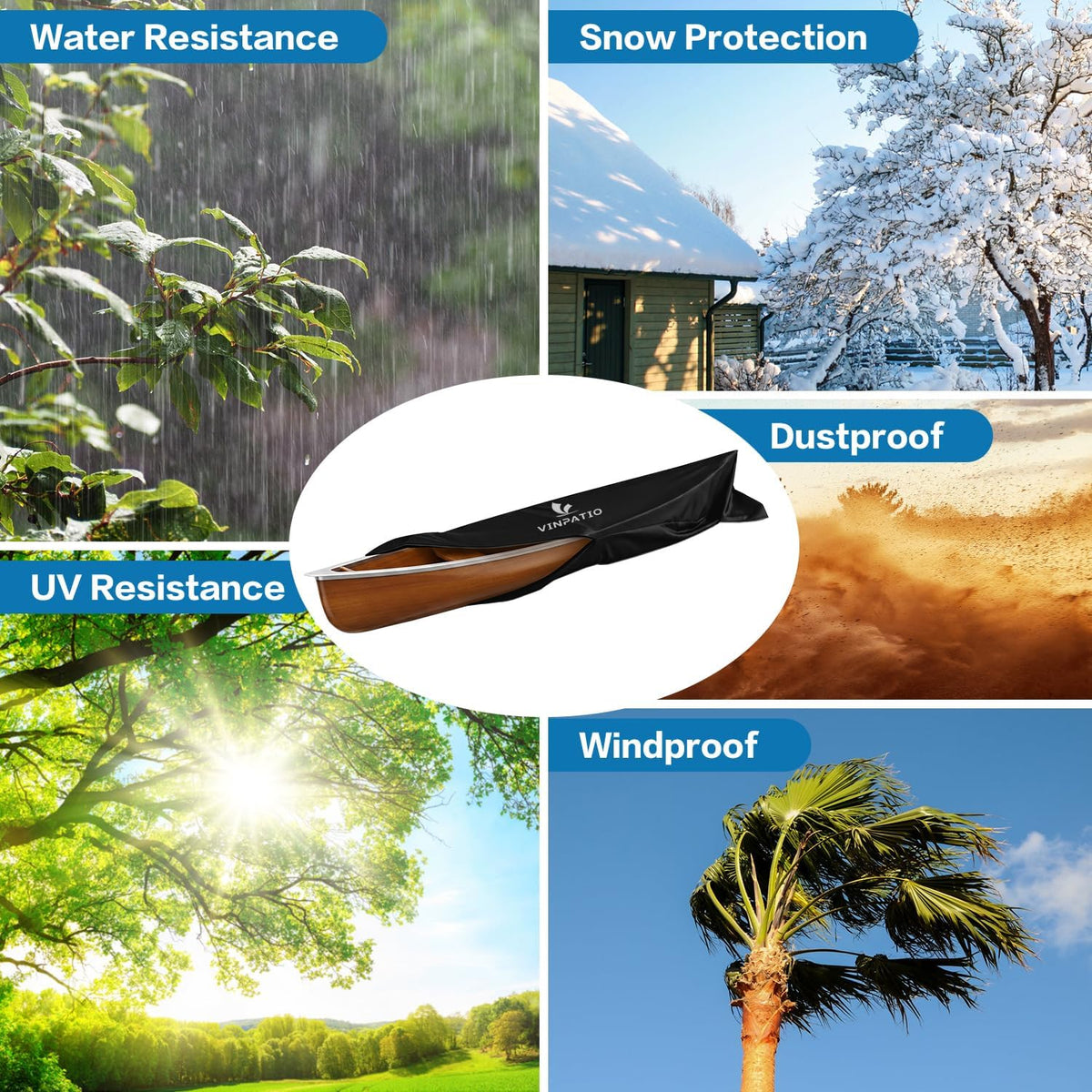 Kayak Cover 600D Waterproof Heavy Duty, Full Coverage Canoe Cover with UV Protection & Dust Resistant – for Indoor/Outdoor Storage, Fishing Boats, Paddle Board, Includes Storage Bag
