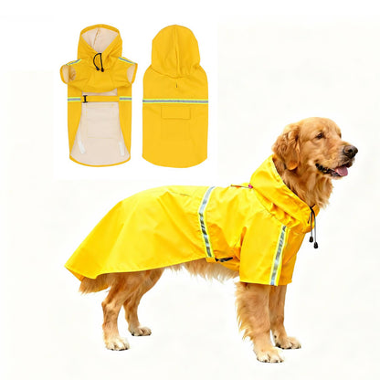 Waterproof PU Dog Raincoat for Large Dogs — Hooded Jacket with Reflective Strips