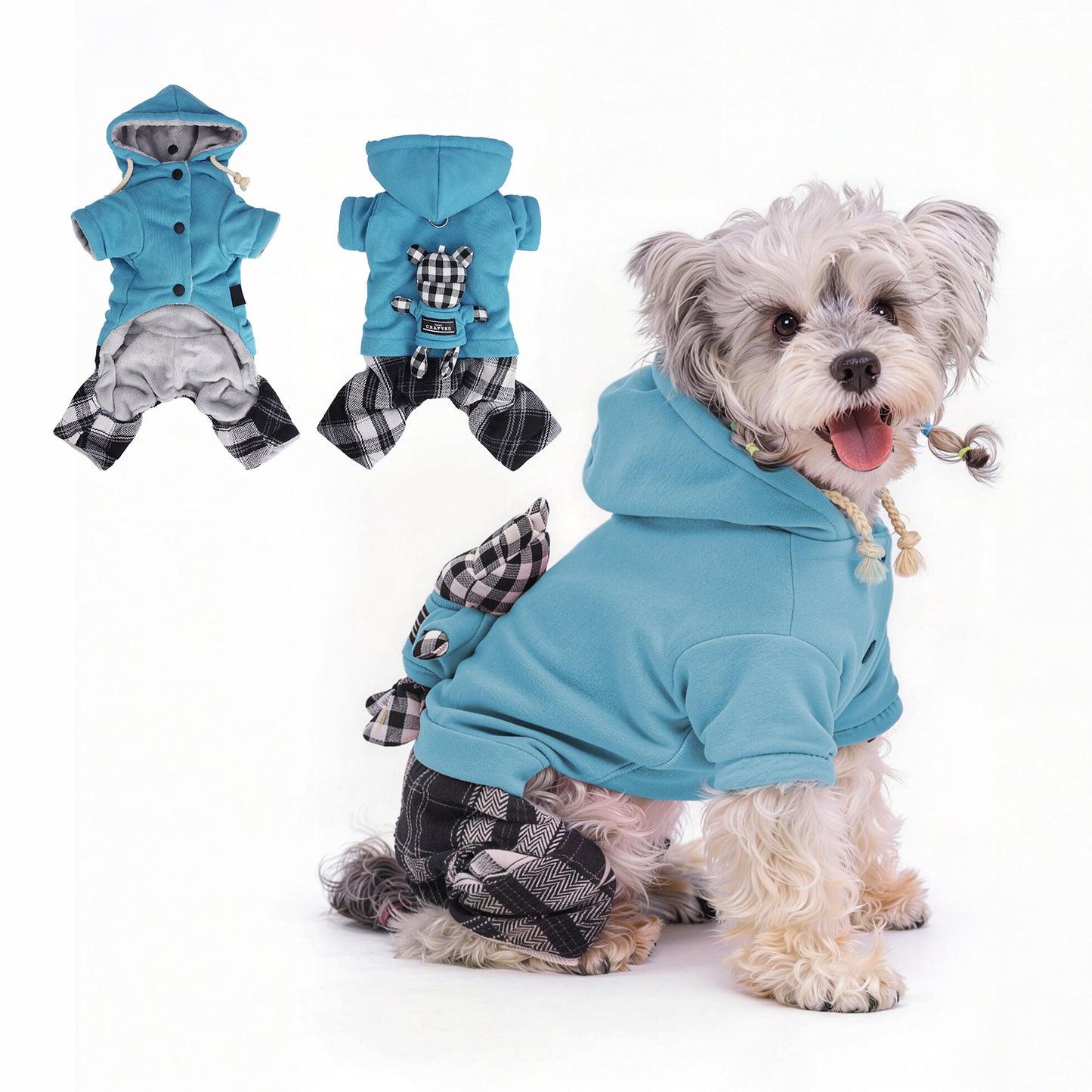 New Fall Winter Plaid Fleece Dog Jumpsuit, Warm Plush Pet Hoodie for Small Dogs
