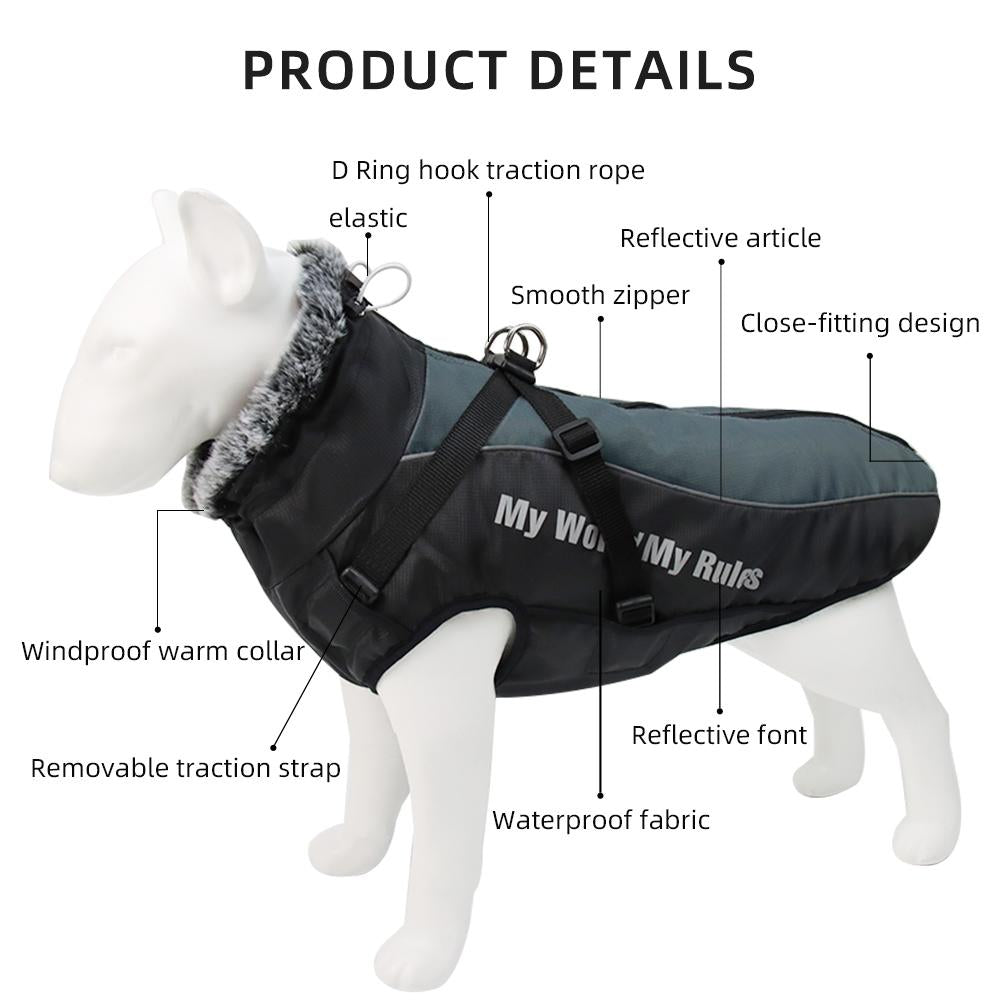 Winter Dog Jacket Waterproof Reflective Coat, Thick Warm Dog Snowsuit for Large Dogs, Windproof Pet Puffer Jacket for Cold Weather