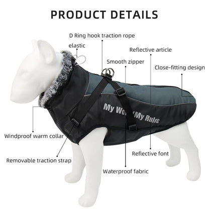 Winter Dog Jacket Waterproof Reflective Coat, Thick Warm Dog Snowsuit for Large Dogs, Windproof Pet Puffer Jacket for Cold Weather