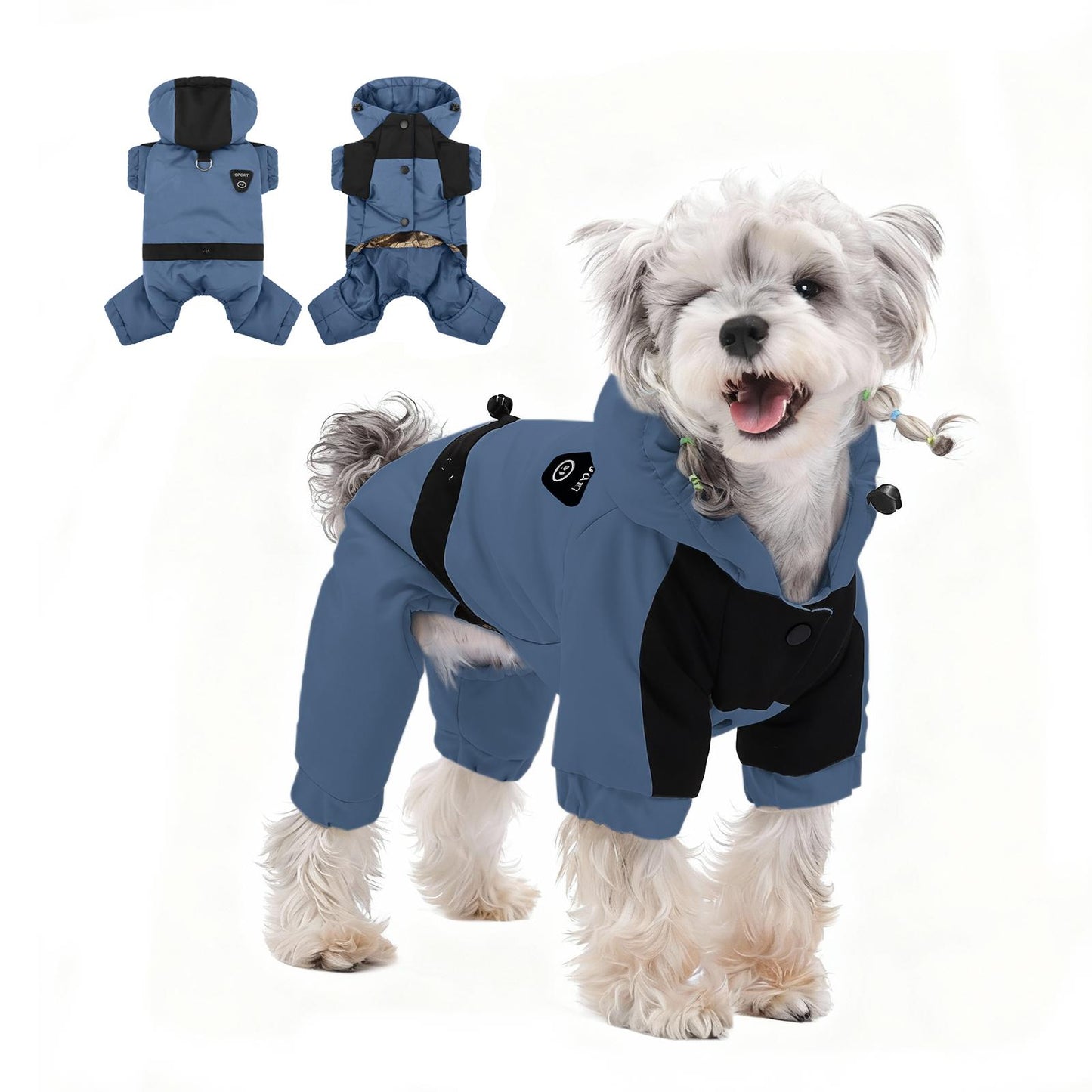 Winter Warm Dog Jumpsuit, Waterproof Graphene Hooded Dog Coat, Thick Padded Pet Snowsuit for Small Dogs, Color Block Design